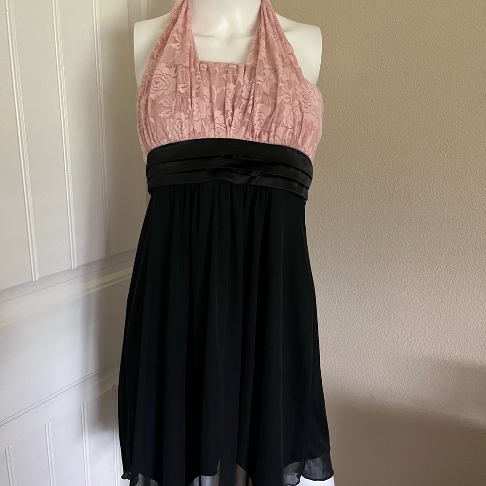 Vintage 90s/Y2K Pink & Black Lace Halter Bow Mini Dress